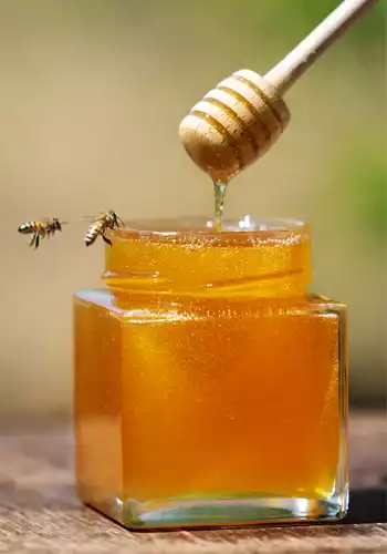 photo d'abeilles, au niveau sur un pot de miel