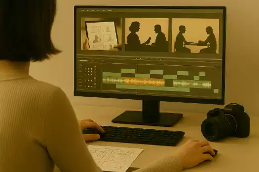 montage vidéo d'entreprise : une personne a réalisé la pré production ainsi que le tournage. Elle réalise le montage de la vidéo.